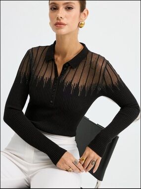 Commense Black Sheer Yoke Ribbed Polo Sweater